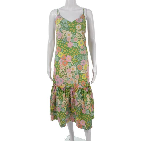 Scoop Dresses & Skirts - Scoop Womens Green Floral Cotton Sundress V-Neck Sleeveless Midi Size S